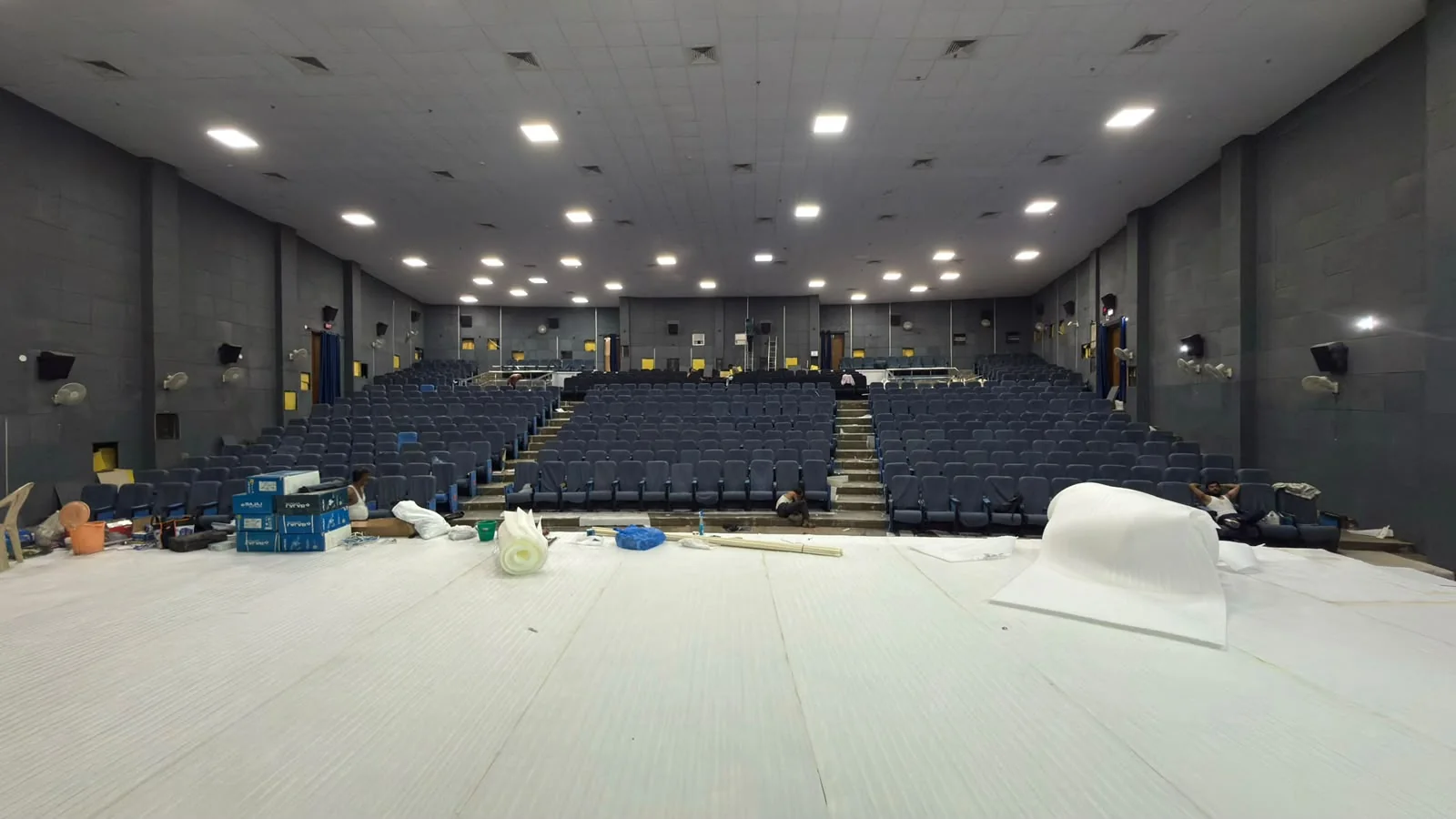 Auditorium floor preparation during project